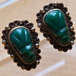 Vintage Mayan Mexico 925 Sterling Silver Green Curved Onyx Mask Earrings